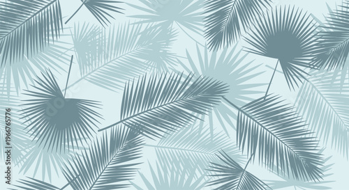 Elegant tropical pattern featuring overlapping palm fronds in muted blue and grey tones for a sophisticated botanical design.
