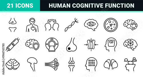 Neuroscience and Psychology Minimalist Monoline Icon Set featuring Brain Anatomy, Cognitive Functions, and Mental Health Line Art Symbols.