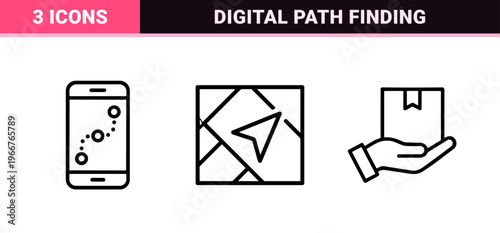 Minimalist monoline navigation and mapping icons featuring geometric line art for digital interface design and global tracking systems.