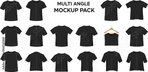Black T Shirt Multi Angle Mockup Pack with Front, Back, Side Views, Hanging Display and Realistic Apparel Templates for Fashion Design and Branding