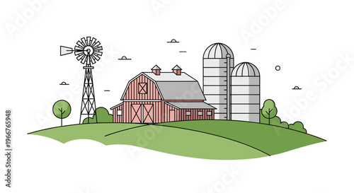 Fine line drawing of a traditional farm scene including a large barn, two silos, a water windmill, and surrounding trees on hills.