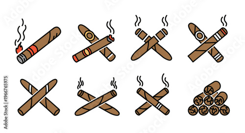 Icons and graphic representations of brown cigars shown individually, crossed, smoking, and in a bundle for tobacco shop marketing.