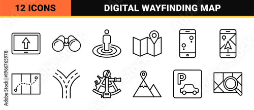 Minimalist Navigation and Wayfinding Line Art for Digital Mapping Interfaces, GPS Applications, and Modern Global Logistics Systems