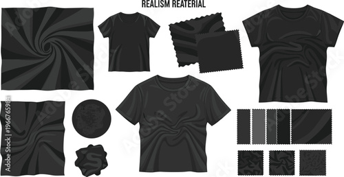 Black Fabric Realism Texture Set with T Shirt Mockups, Folded Cloth Samples, Dark Material Patterns and Detailed Textile Surfaces for Fashion Design and Apparel Visualization