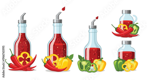 Collection of hot sauce bottle illustrations with various chili peppers and bell peppers in vibrant colors on a white background.
