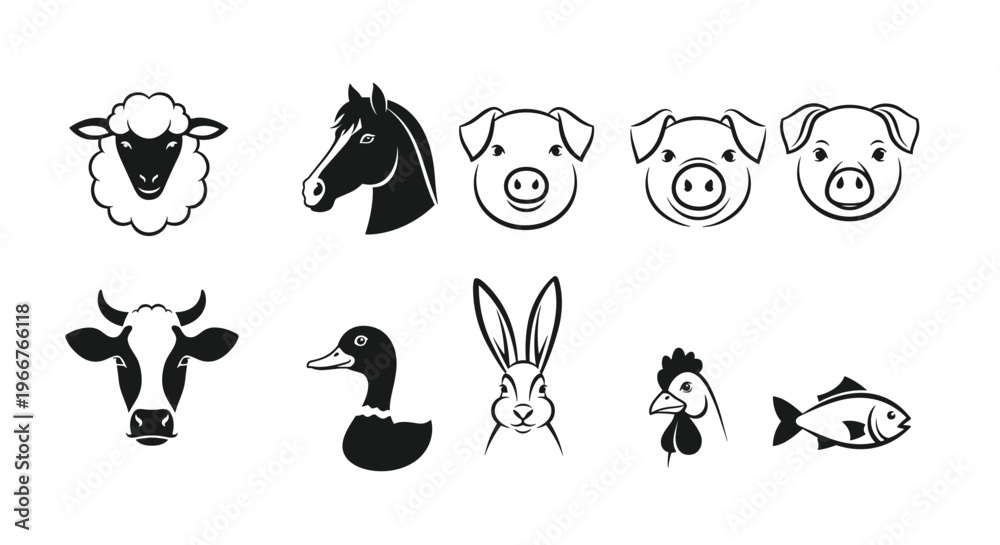 Obraz premium set of black and white farm animal head silhouettes and outlines including sheep horse pig cow duck rabbit chicken and fish.