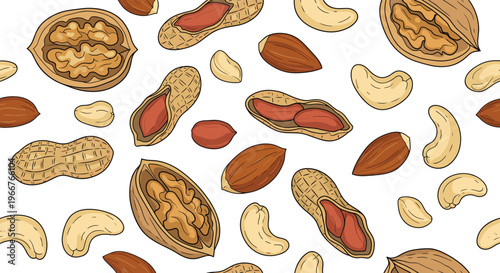 seamless pattern featuring various nuts such as walnuts peanuts cashews and almonds in a colorful and detailed illustration style.