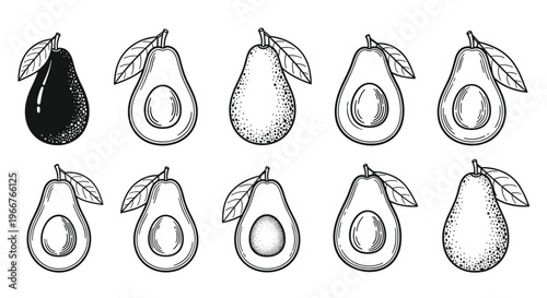set of avocado illustrations in black and white line art including whole fruits and cross sections with seeds on white background.