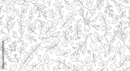 dense seamless pattern of delicate leaf and branch line art drawings in black and white creating an organic botanical background.