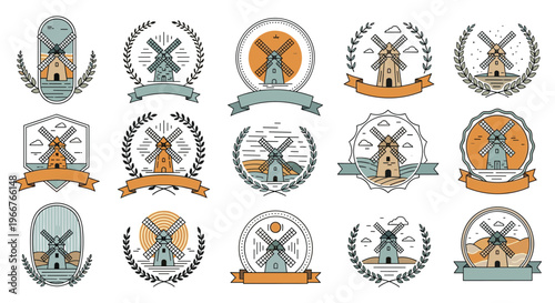 Traditional windmill logo set features vintage building designs with laurel wreaths and ribbons for flour and bakery company branding.