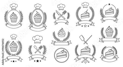 Professional bakery and pastry chef logos feature cupcakes and cake slices adorned with cherries and framed by wreaths for identities.