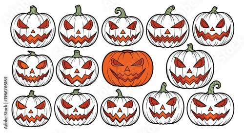 Spooky collection of Halloween jack-o-lantern pumpkins displays carved faces and expressions on white and orange squash for decor.