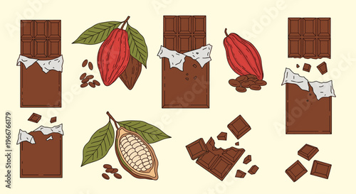 Cocoa pods and chocolate bar illustrations include open fruit and unwrapped candy pieces for artisanal confectionery product labels.