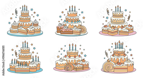 Celebration cakes in multiple tiers are decorated with candles and shown with slices for birthday party and bakery menu illustrations.
