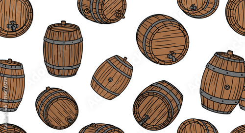 Repeating pattern of vintage wooden barrels with metal hoops and taps creates a rustic background for wine and brewery industries.