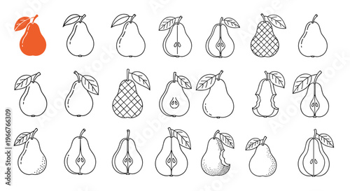Pear fruit icons in multiple outline and pattern styles display whole and cut versions for healthy food and organic farm branding.