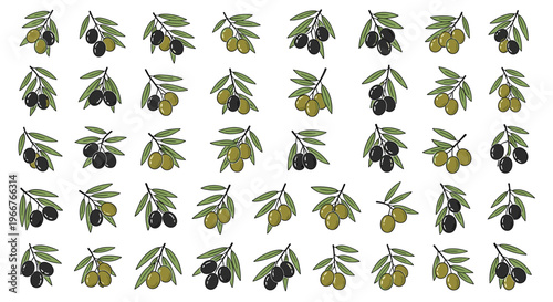 Extensive set of small olive branch icons displays green and black fruit with leaves for Mediterranean cooking and oil logo designs.