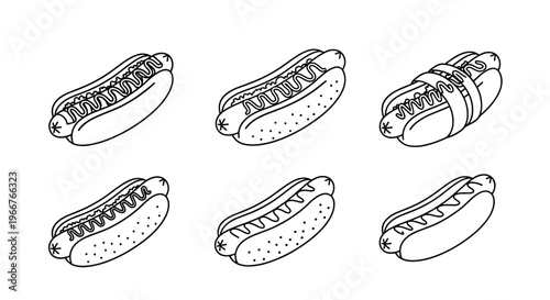 Outlined hot dog illustrations show grilled sausages in buns with various toppings for fast food menu and food truck branding.