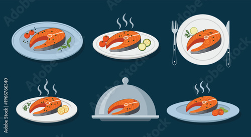 Savory grilled salmon steaks are presented on various dinner plates with garnish for restaurant menu and culinary illustrations.