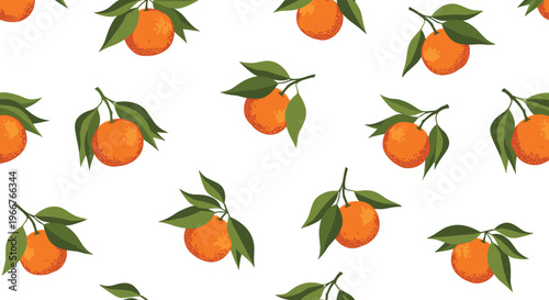 Cheerful seamless pattern of whole oranges with green leaves on a white background is perfect for textile and juice packaging.