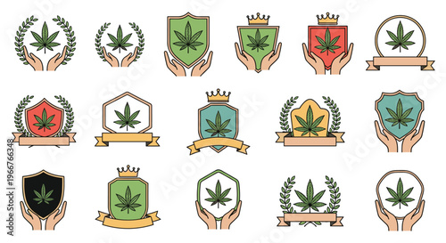 Professional cannabis leaf logos feature hands holding shields and crowns for medical dispensaries and legal herb industry branding.