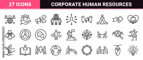 Corporate Teamwork and Business Leadership Outline Icons featuring minimalist Geometric Line Art for Human Resources and Collaboration.