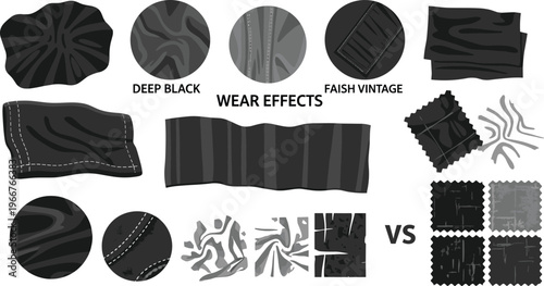 Black Fabric Wear Effects Set with Vintage Textures, Distressed Cloth Patterns, Grunge Surfaces and Textile Aging Details for Fashion Design and Material Illustration