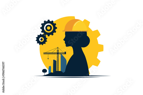 Silhouette of a female engineer wearing a hard hat, set against a large yellow gear with a construction crane and city buildings in the background