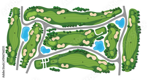 Golf course map vector illustration with green fairways and sand bunkers. Aerial top view of professional golf club layout with water hazards and cart paths.