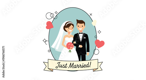 Happy bride and groom holding a bouquet of flowers inside a decorative frame with a Just Married banner and hearts.