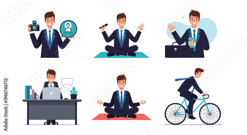 Set of businessman characters in different situations including working at a desk, practicing yoga, cycling, and taking photos.