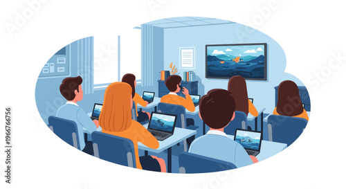 Students in a modern classroom learning with laptops and watching an interactive screen presentation
