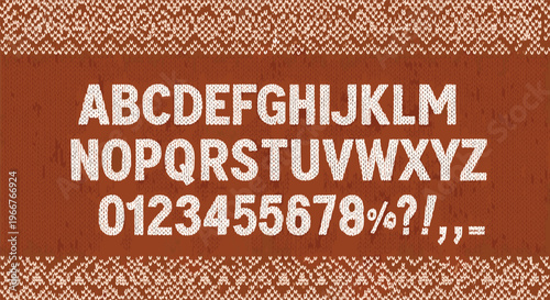Knitted font set including uppercase letters, numbers, and punctuation marks in white over a textured orange wool surface.