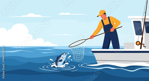 Fisherman in a boat with a net attempts to catch a leaping fish in the ocean under a clear blue sky.
