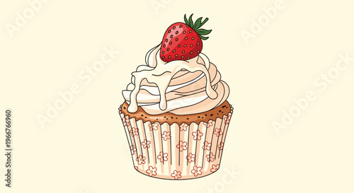 Delicious hand-drawn cupcake featuring swirl of white cream frosting topped with a fresh red strawberry in a floral paper cup.