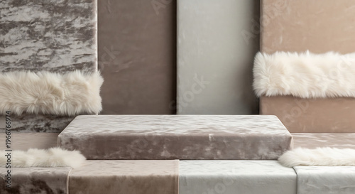 Textured gray background with plush cushions and a stool