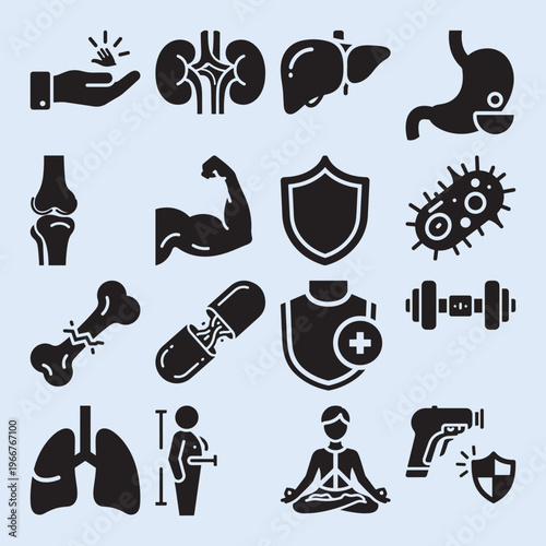 Human organs and fitness icons for health and wellness design.