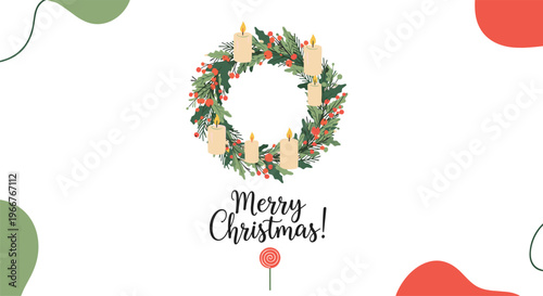 Traditional Christmas wreath made of evergreen branches and red berries with six lit candles and a Merry Christmas message.