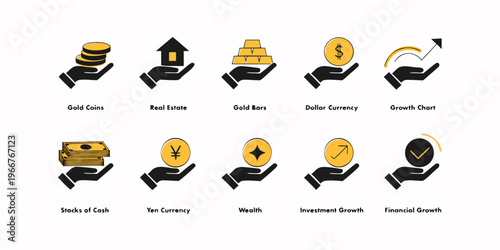 "A professional, high-resolution vector icon set for financial investment and wealth management, isolated on a light grey checkered background. The collection features 10 minimalist black line-art ico