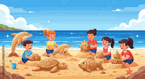 Children happily building sandcastles and playing with sand sculptures on a sunny beach with the ocean in the background.