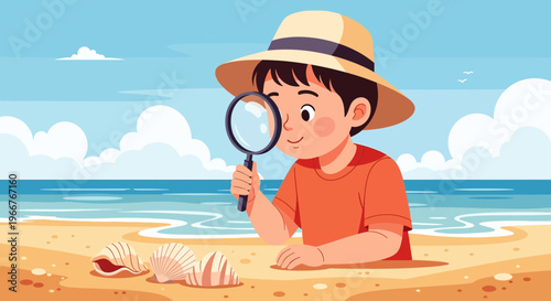 Curious young boy in straw hat examines seashells on a sandy beach with a magnifying glass, summer exploration and discovery