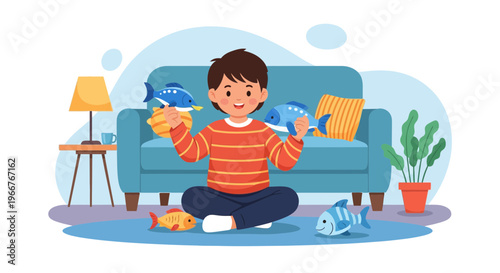 A happy young child playing with fish toys while sitting indoors on the floor near a couch