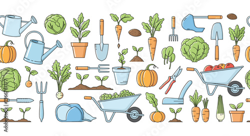 Continuous horizontal border pattern depicting various gardening items such as watering cans, pots, seedlings, and garden tools.