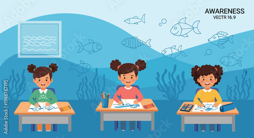 Young child engrossed in drawing ocean animals at a desk with art supplies