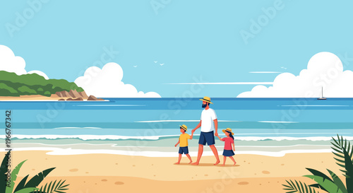 A father walks with his two children along a sunny beach with the ocean in the background