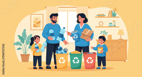 A Family Engaged in Teaching Children About Recycling and Proper Waste Sorting at Home
