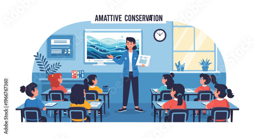 Teacher leading a conservation lesson for attentive children in a bright classroom