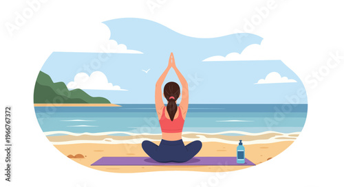 Woman practicing yoga in serene beach setting with ocean backdrop, promoting wellness and tranquility.