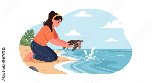 Young Woman Releasing a Baby Turtle into the Ocean from a Sandy Beach
