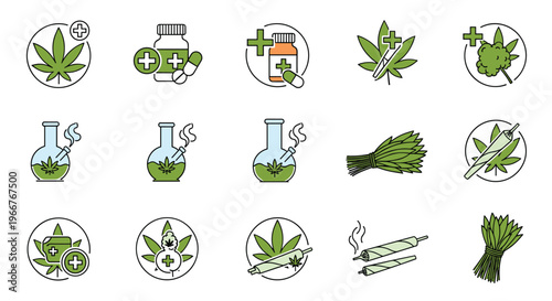 Comprehensive set of cannabis related icons including green leaves, medical containers, and smoking accessories for dispensary branding.